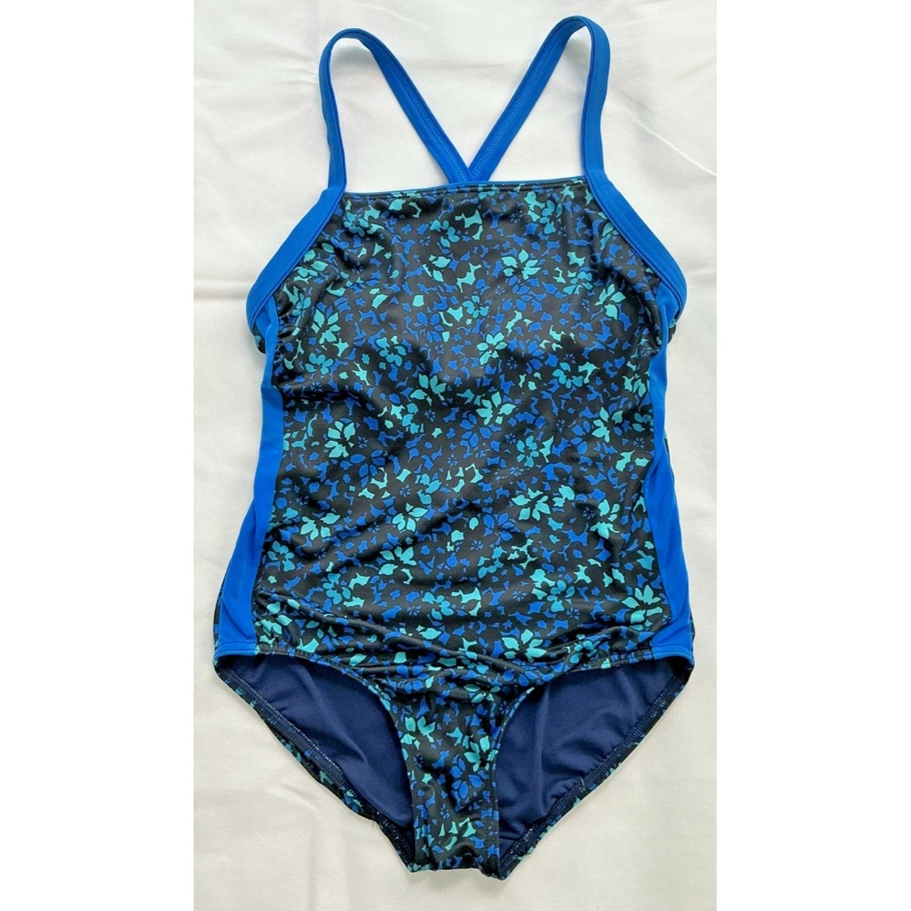Lands' End One Piece Swimsuit Womens 2 Black Blue Green X-Back Floral Shelf Bra